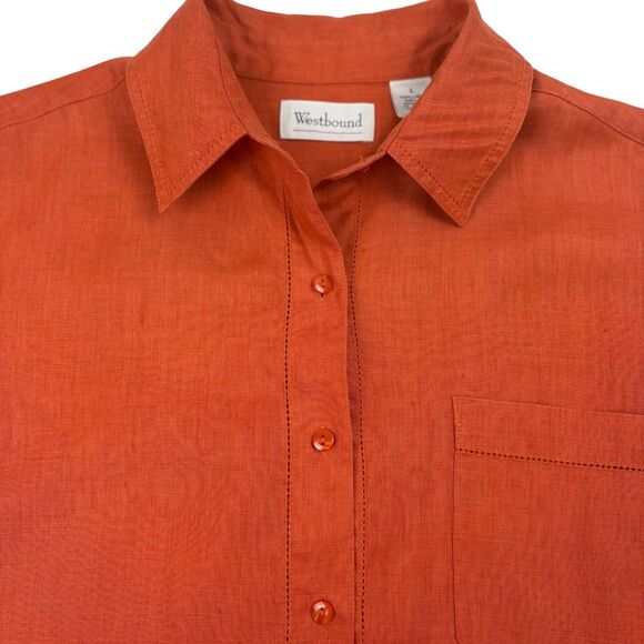 Westbound Orange Linen Button-Up LS Blouse Minimalist Beach Natural Large - Picture 2 of 14